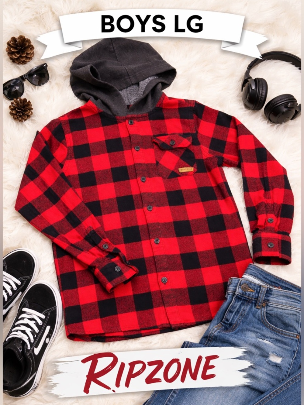 Ripzone Youth Large Red Black Buffalo Plaid Hooded Lightweight Button Up Shirt